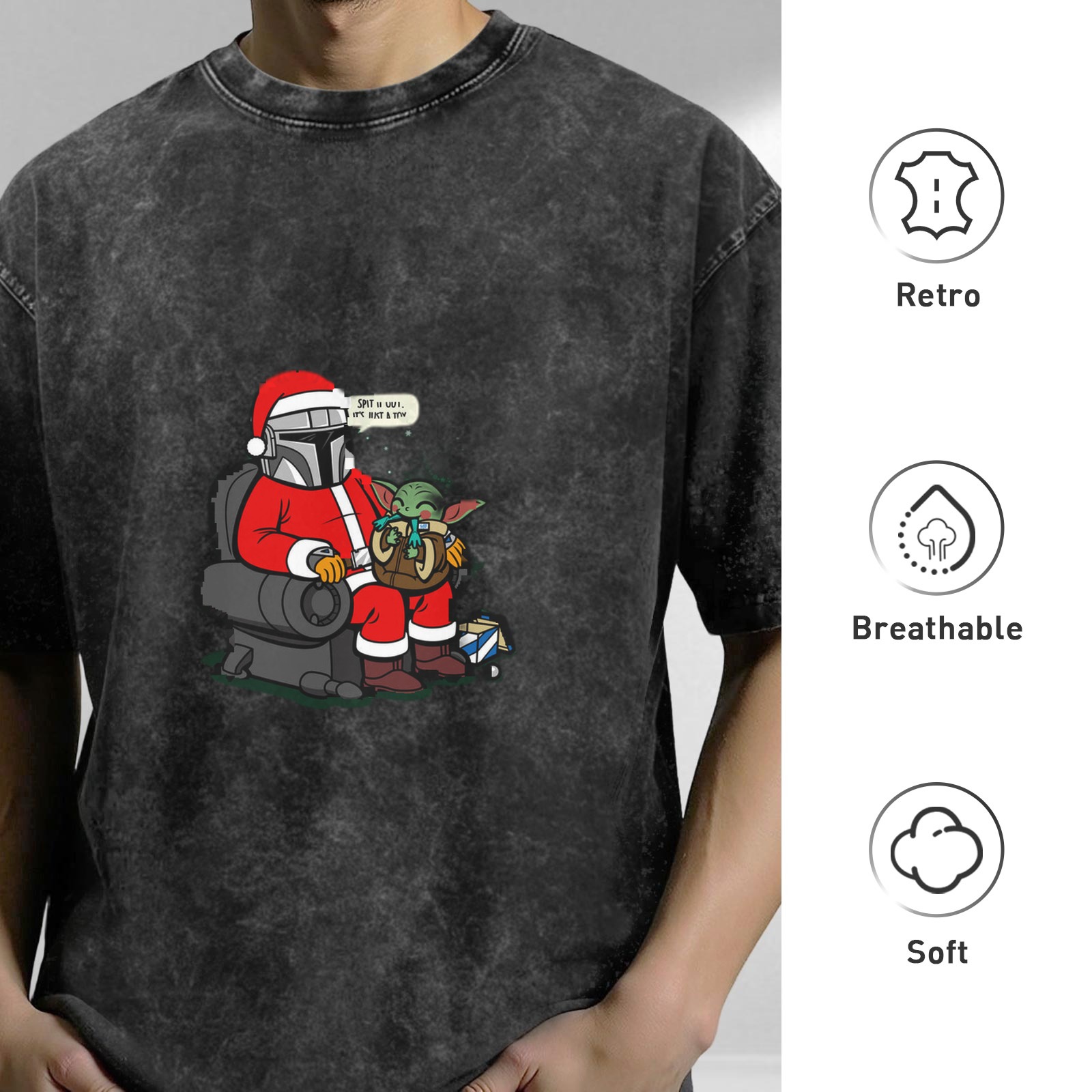 Star Wars The Mandalorian Grogu Christmas Graphic Oversized Stone Wash T-Shirt