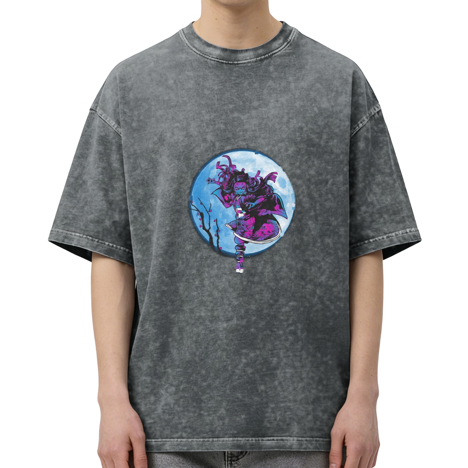 Washed Black Anime Graphic T-Shirt With Moon Character Design