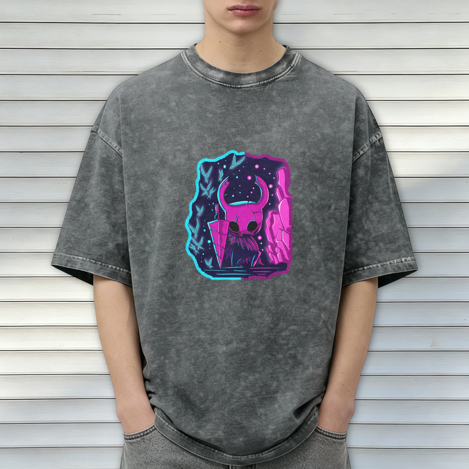Hollow Knight neon style print distressed washed black loose short-sleeved T-shirt