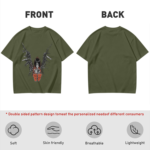 Olive T-shirt with Cybernetic Angel Graphic Print