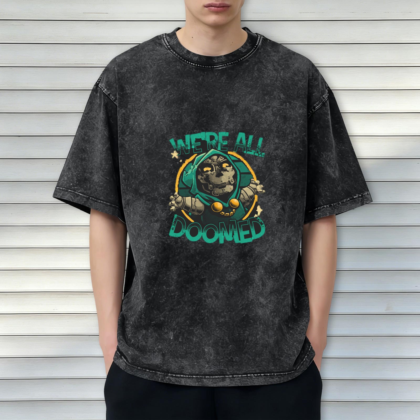 Retro washed black loose short-sleeved T-shirt Marvel Doctor Doom themed print 'WE'RE ALL DOOMED' graphic top