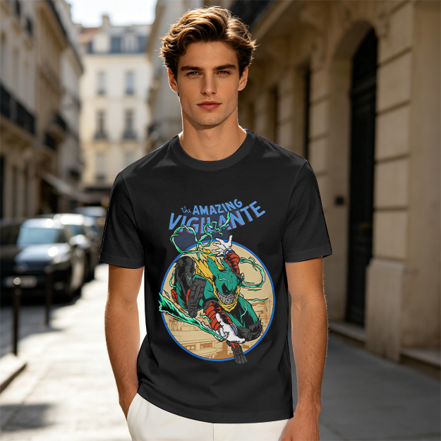 The Amazing Vigilante Graphic Tee Featuring Action Hero Art
