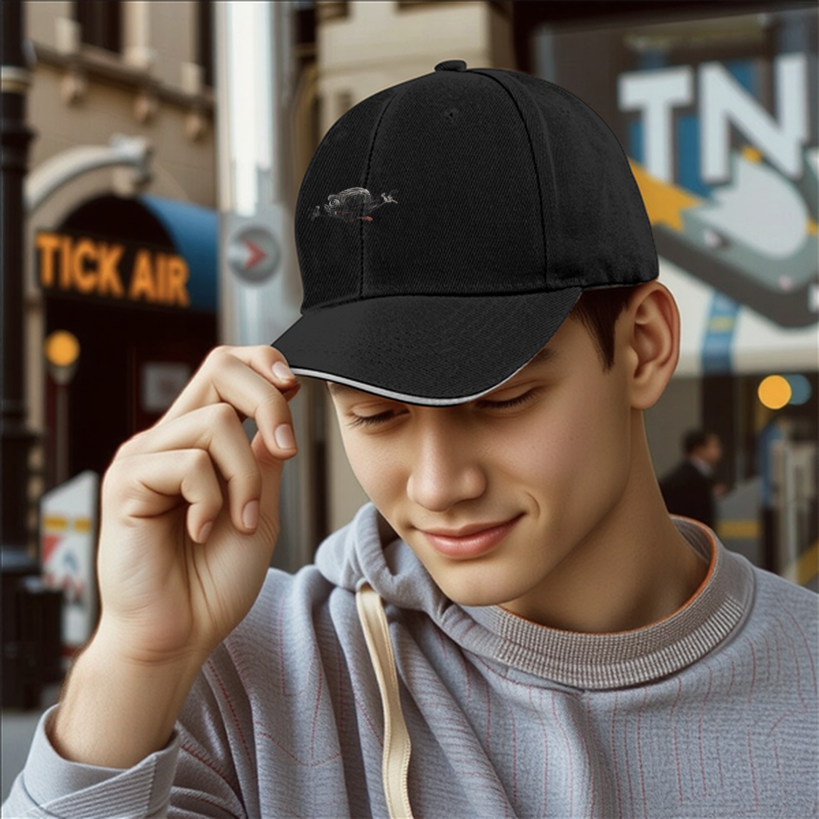 Black baseball cap with small frog graphic print