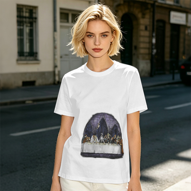 Olive Green T-Shirt with Skeletal Last Supper Graphic Print