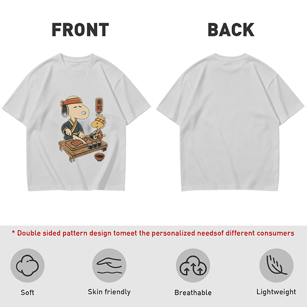 Olive T-shirt with Snoopy and Woodstock making sushi print