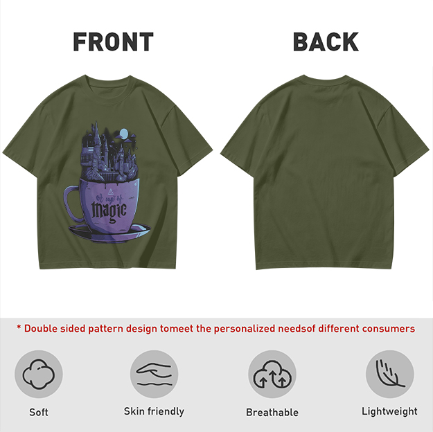 Olive T-Shirt With Teacup Holding Magical Castle Artwork
