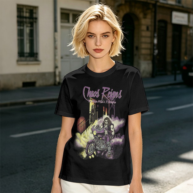 Olive Graphic T-Shirt with Chaos Reigns Biker Artwork