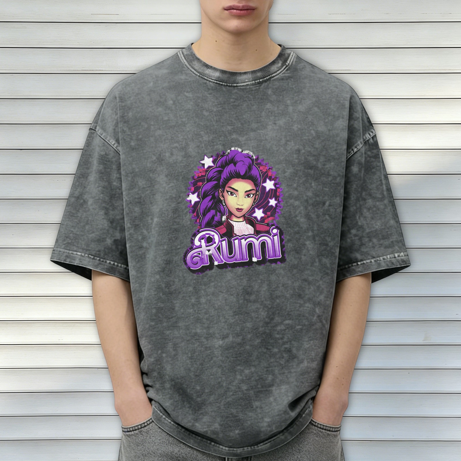 Oversized Black Acid Wash T-Shirt With Rumi Graphic Print