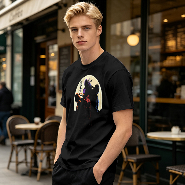 Olive T-shirt with Ninja Silhouette Graphic Design