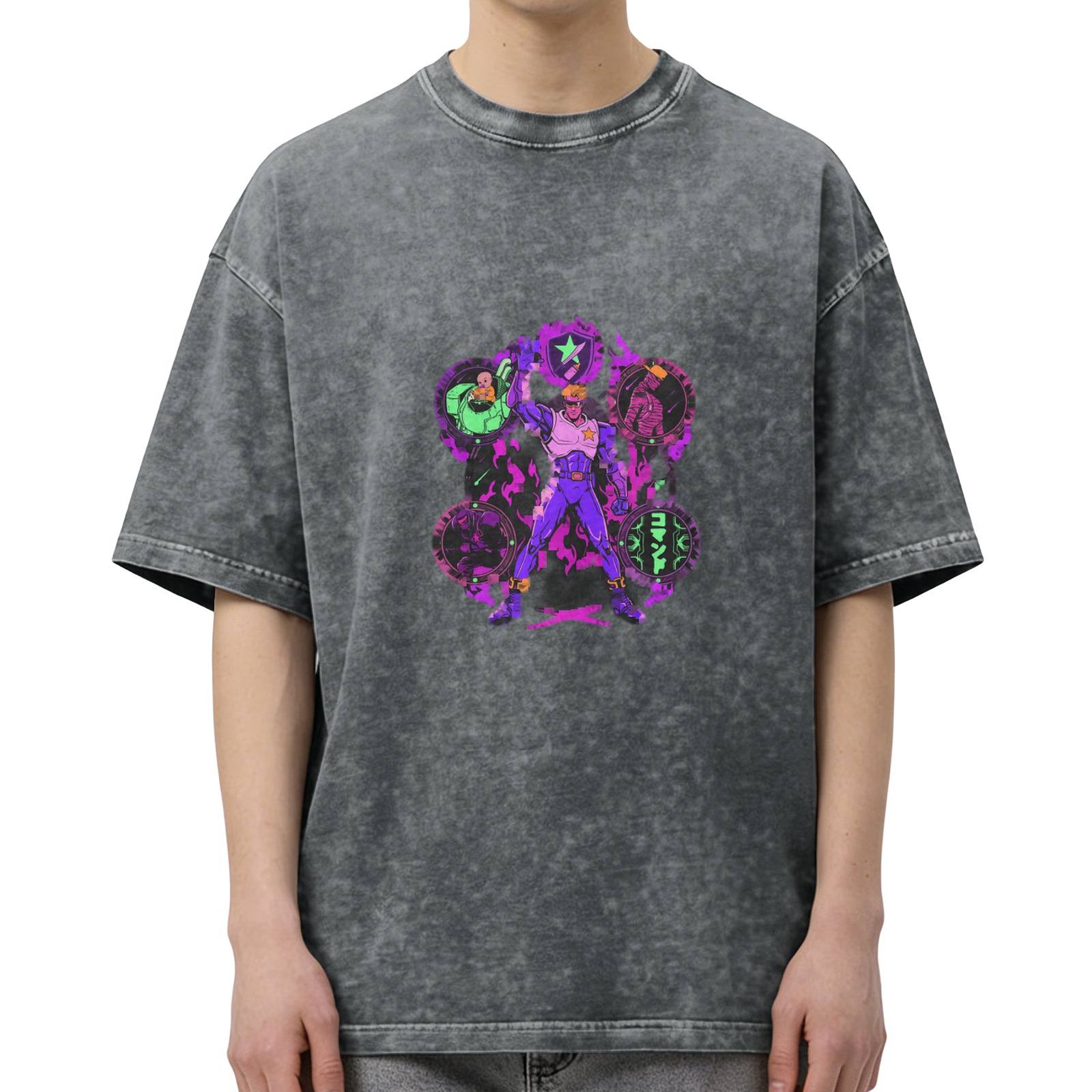 Washed Black T-Shirt with Neon Anime Superhero Graphic Print