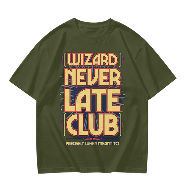Olive t-shirt with Wizard Never Late Club graphic print