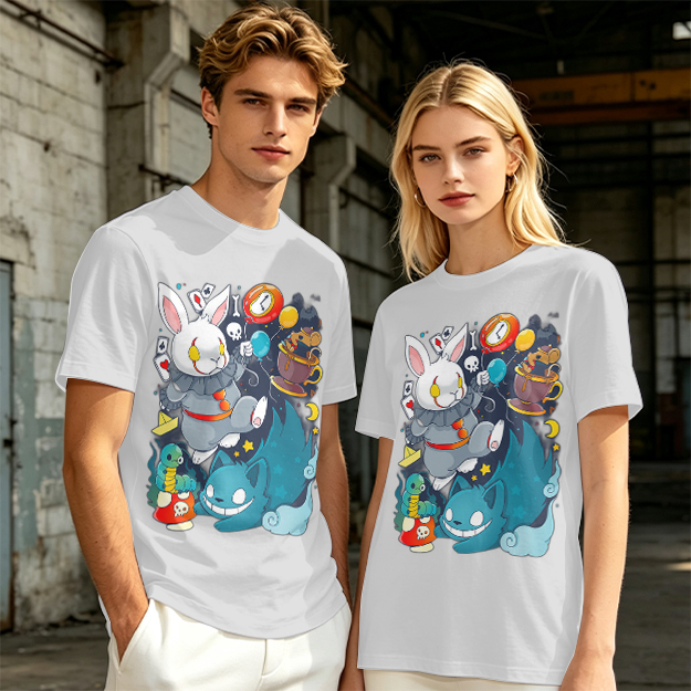 Alice in Wonderland Themed Graphic T-Shirt with Whimsical Characters