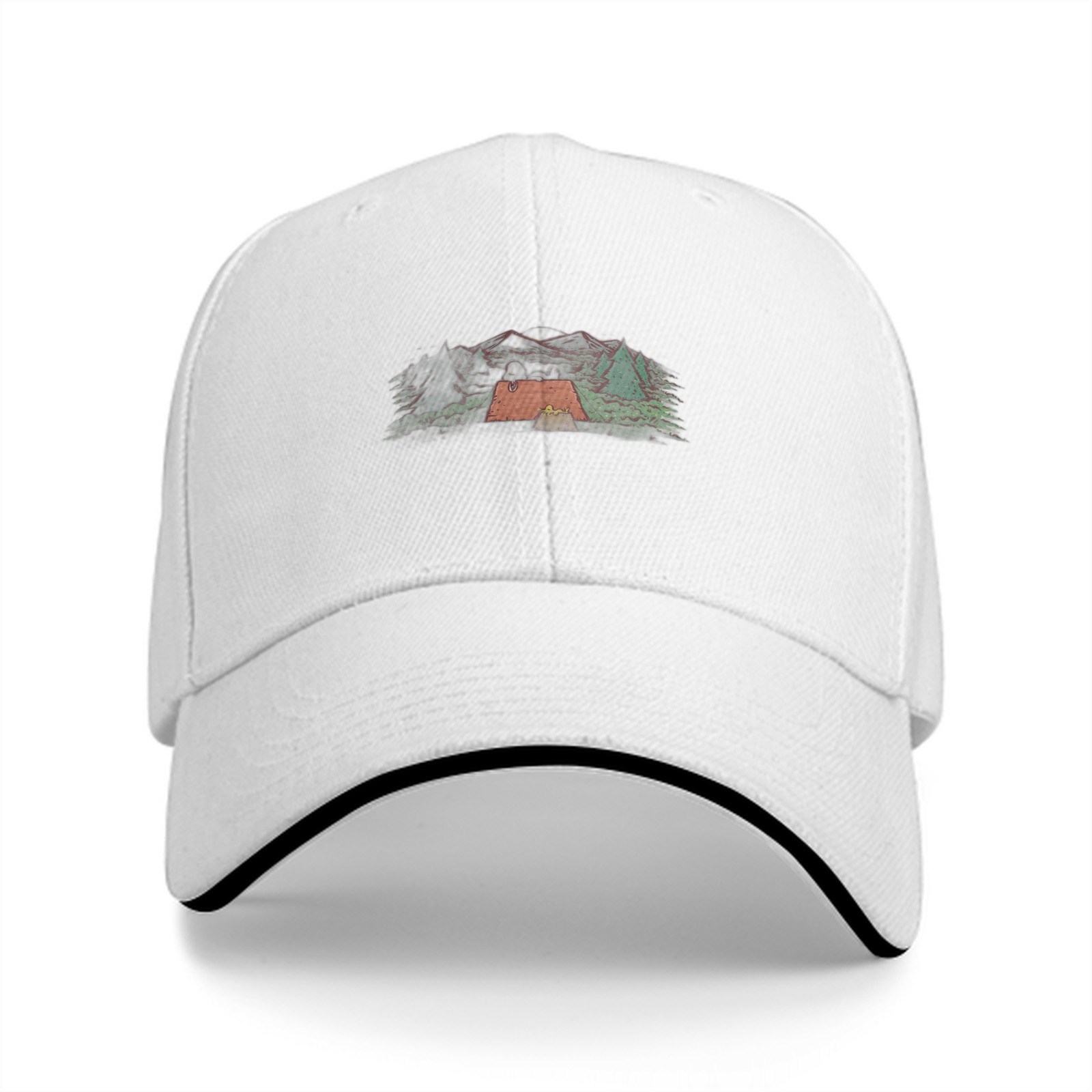 Black Baseball Cap with Camping Tent Mountain Graphic