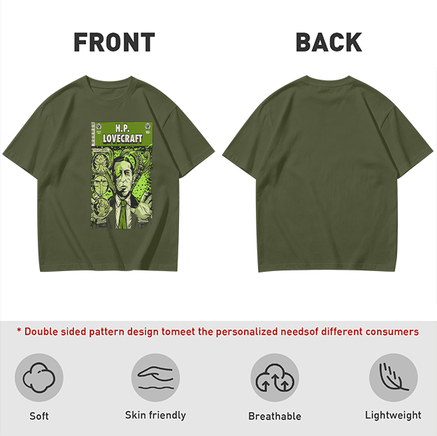 H.P. Lovecraft Comic Print Graphic Olive T-Shirt