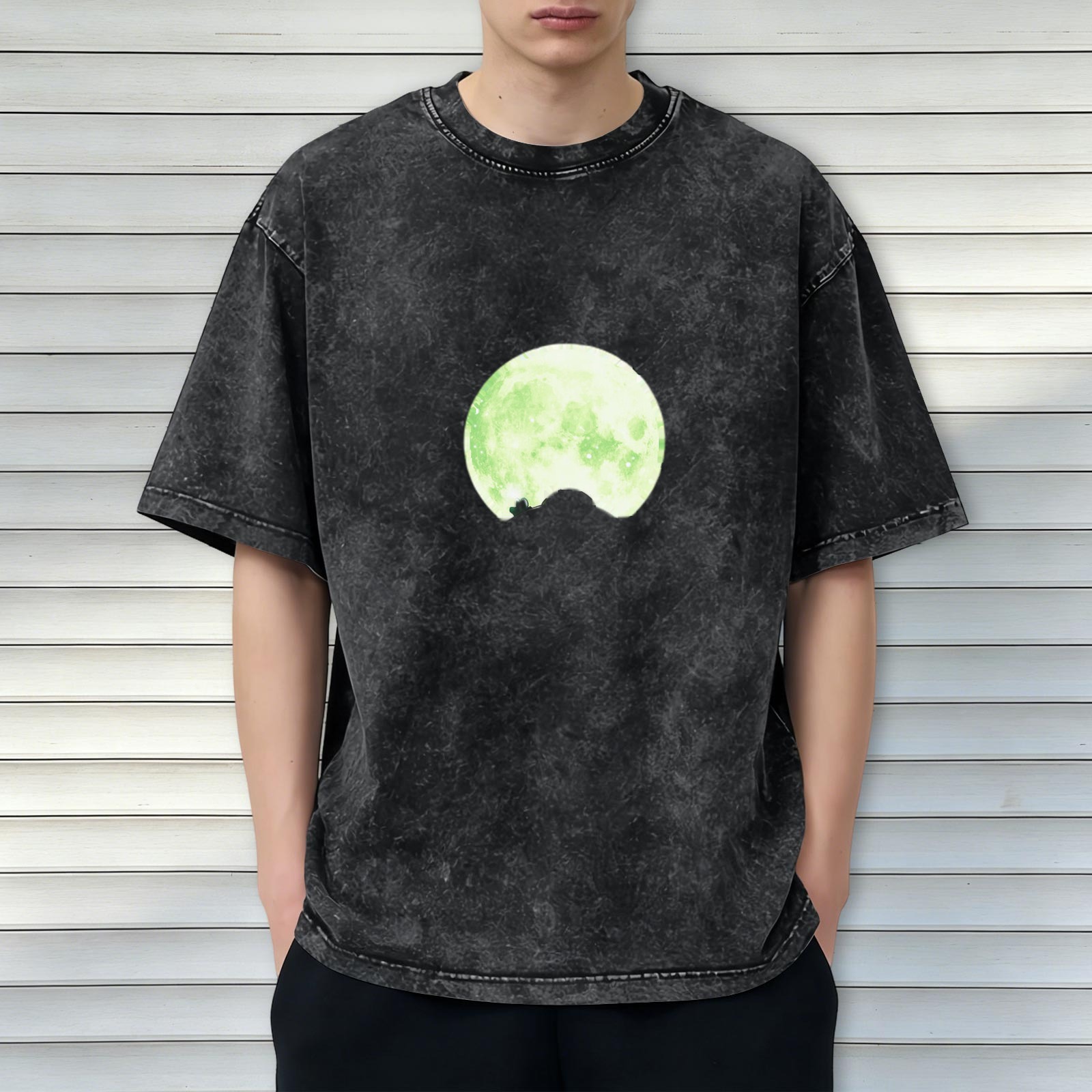 Oversized Acid Wash T-Shirt With Glowing Green Moon Print