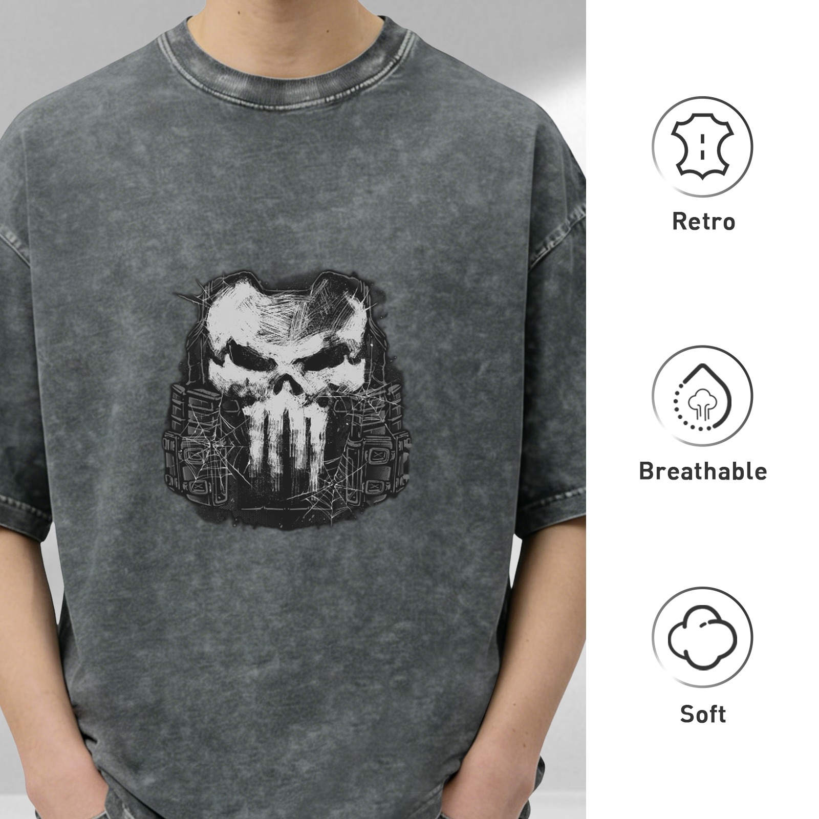 Washed Black T-Shirt With Tactical Skull Graphic Print