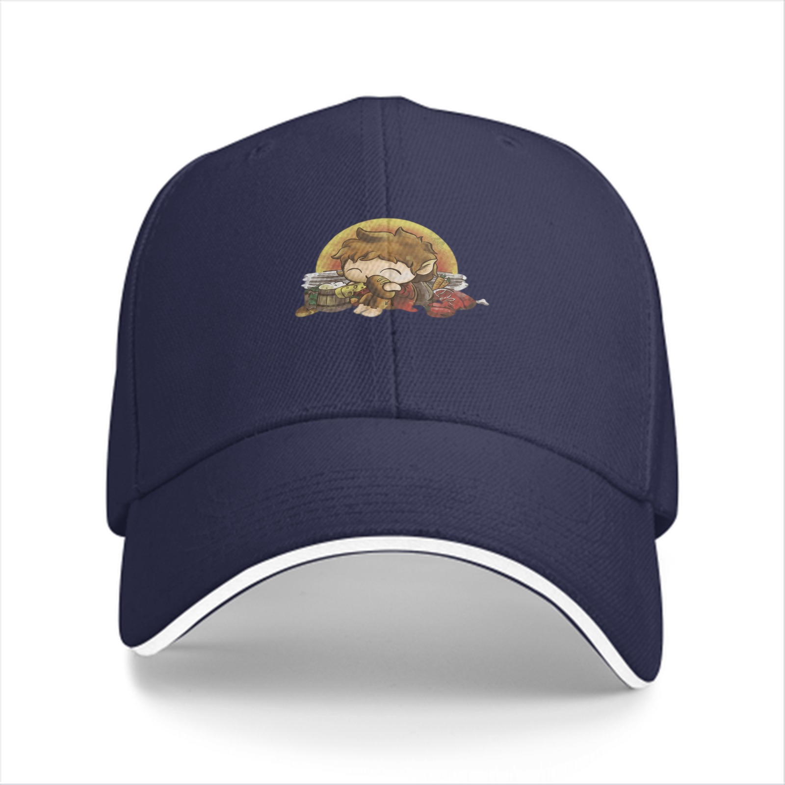 Black Baseball Cap With Chibi Hobbit Eating Design