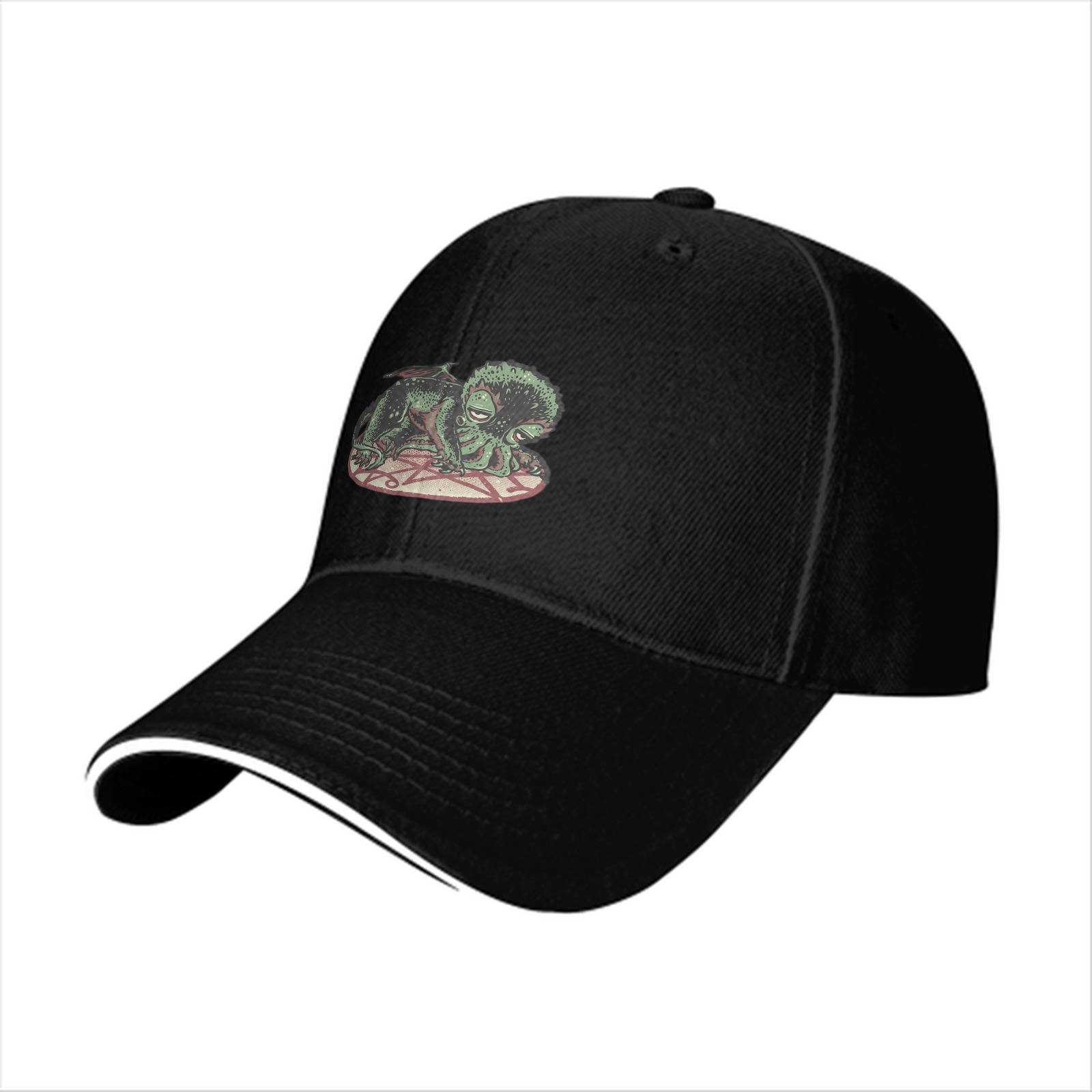 Black baseball cap with sleeping Cthulhu on occult symbol