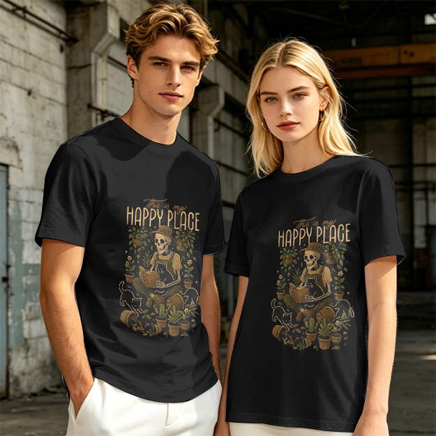 Happy Place Skeleton Gardener Cat Plant Lover T-Shirt