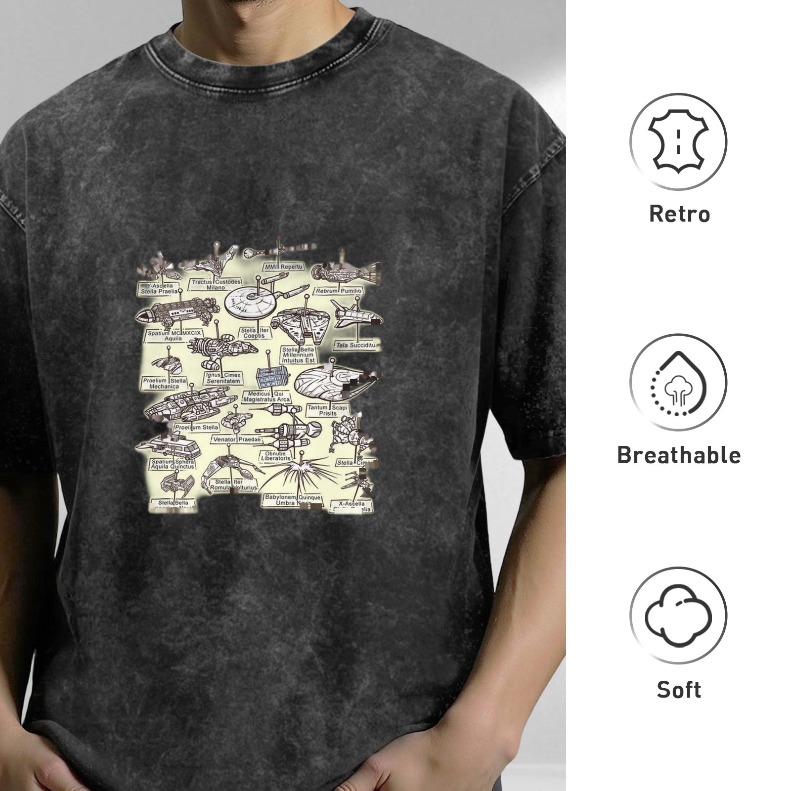 Retro washed black sci-fi spaceship print short-sleeved T-shirt