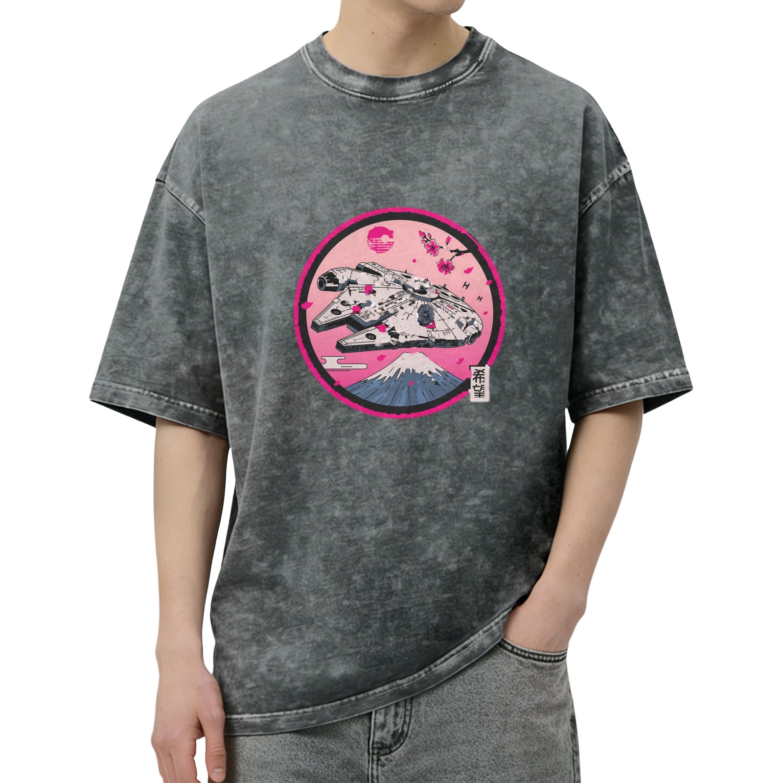 Star Wars Millennium Falcon Japanese Sakura Mount Fuji Acid Wash Oversized T-Shirt