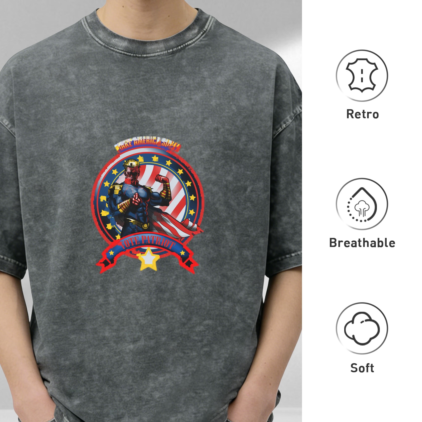 Washed Black Oversized T-Shirt With Patriotic Superhero Graphic