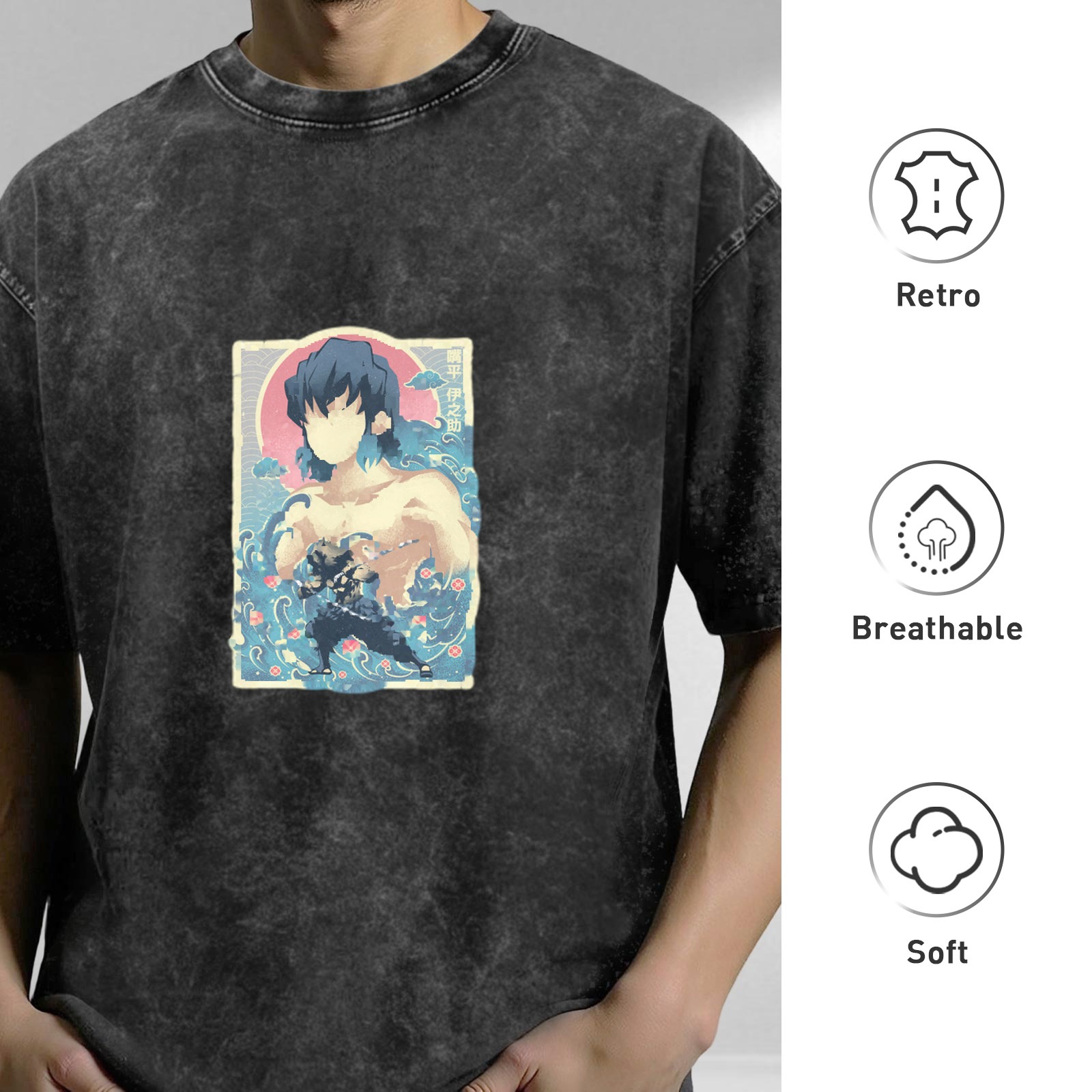 Oversized Acid Wash T-Shirt with Demon Slayer Inosuke Anime Graphic