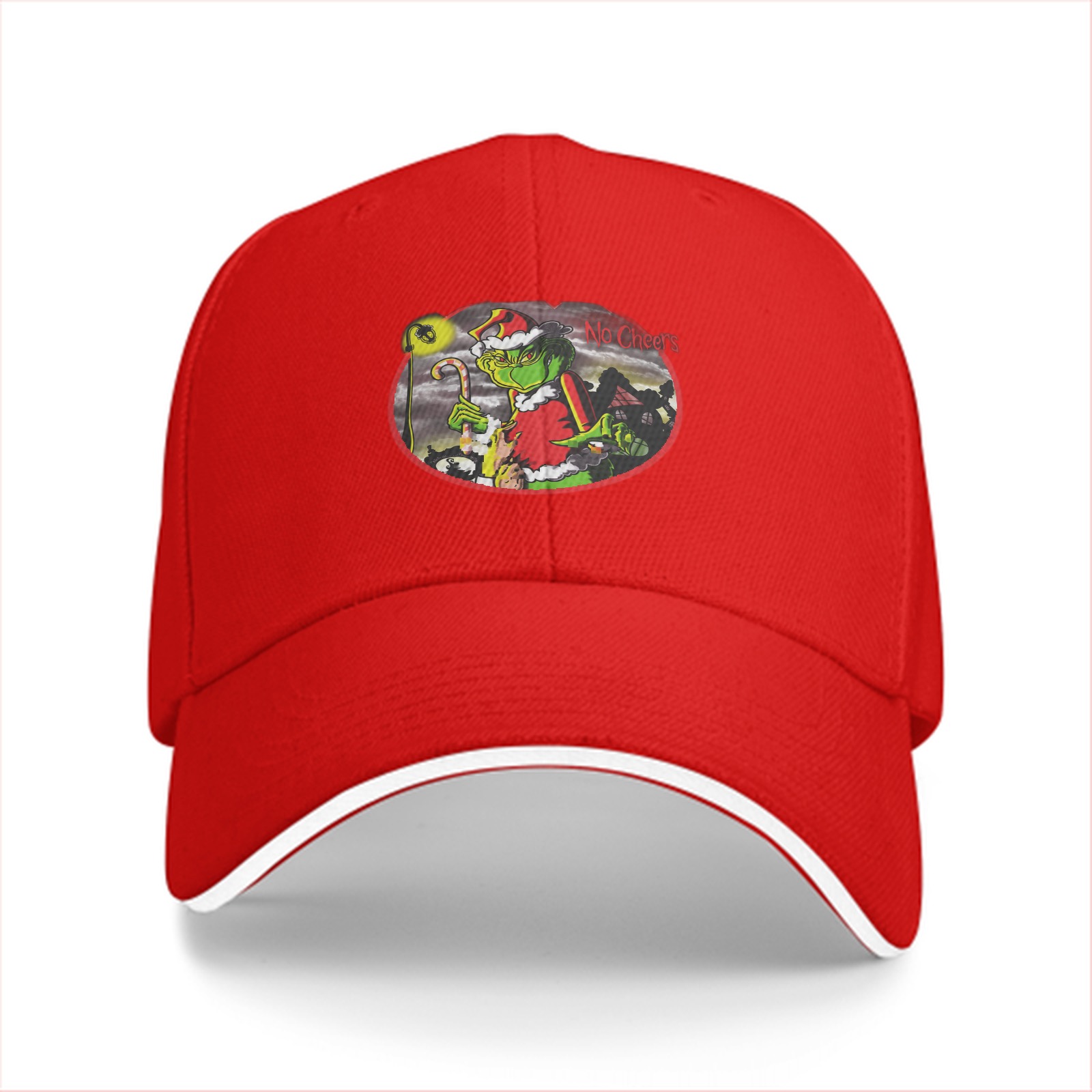 Black baseball cap with Grinch 'No Cheer' Christmas graphic