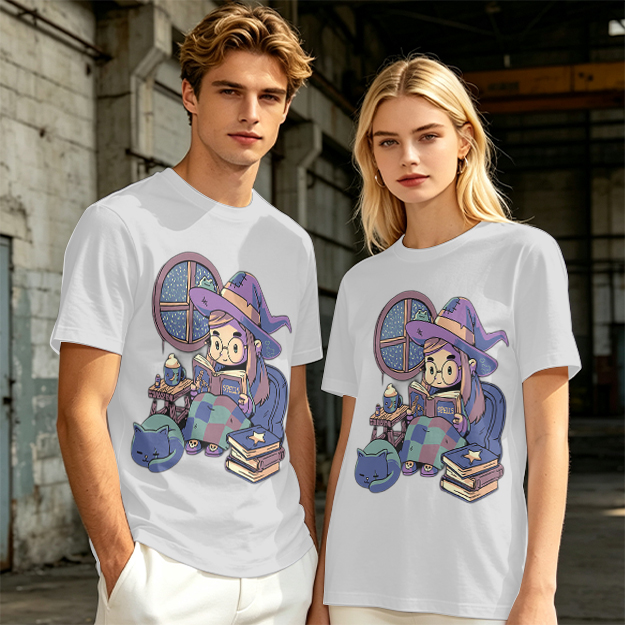 Olive t-shirt with cozy reading witch and cat graphic