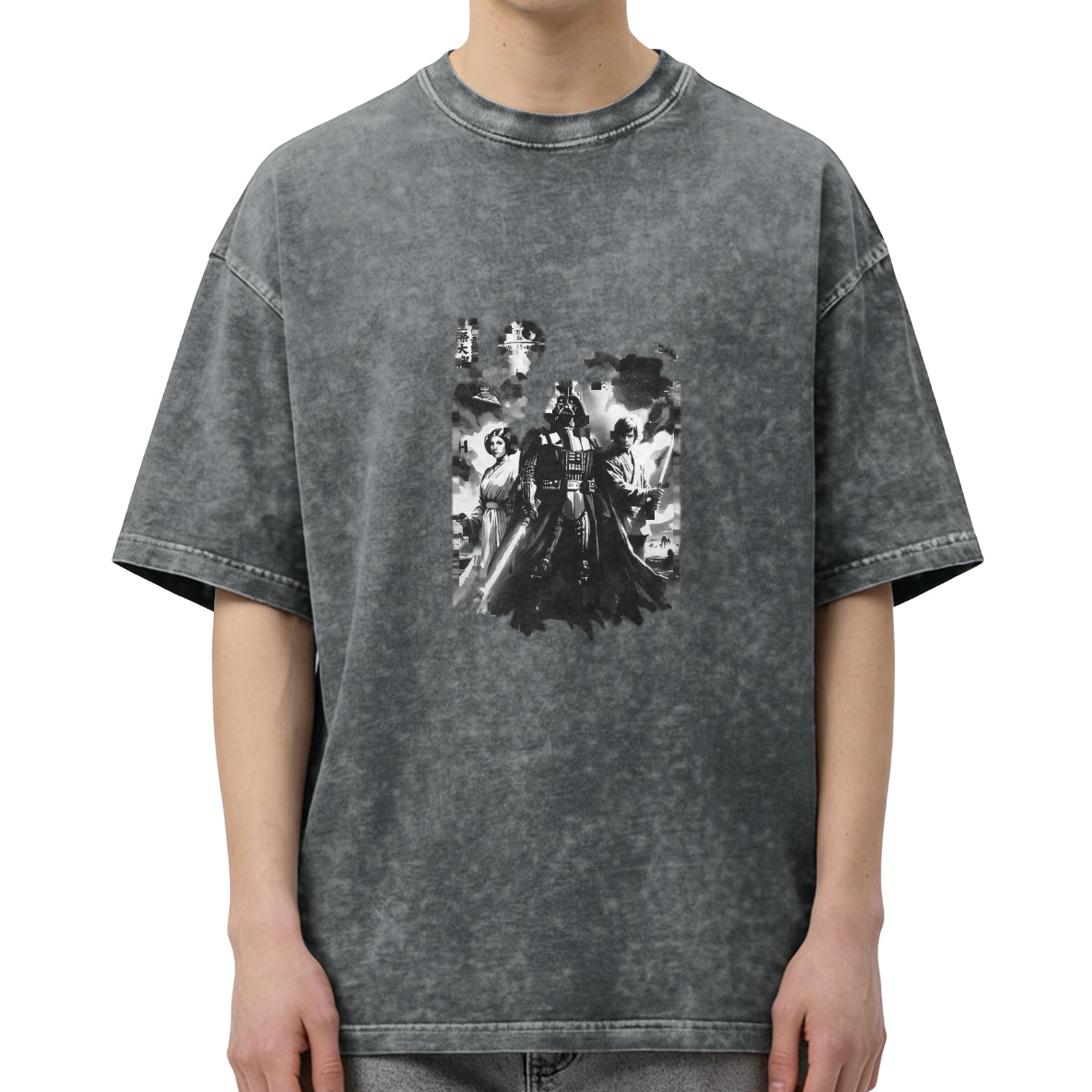 Star Wars Themed Vintage Wash T-Shirt featuring Darth Vader, Princess Leia and Luke Skywalker Graphic