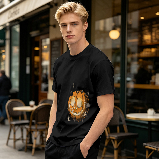 Olive Green T-Shirt With Spooky Halloween Pumpkin Ghost Print