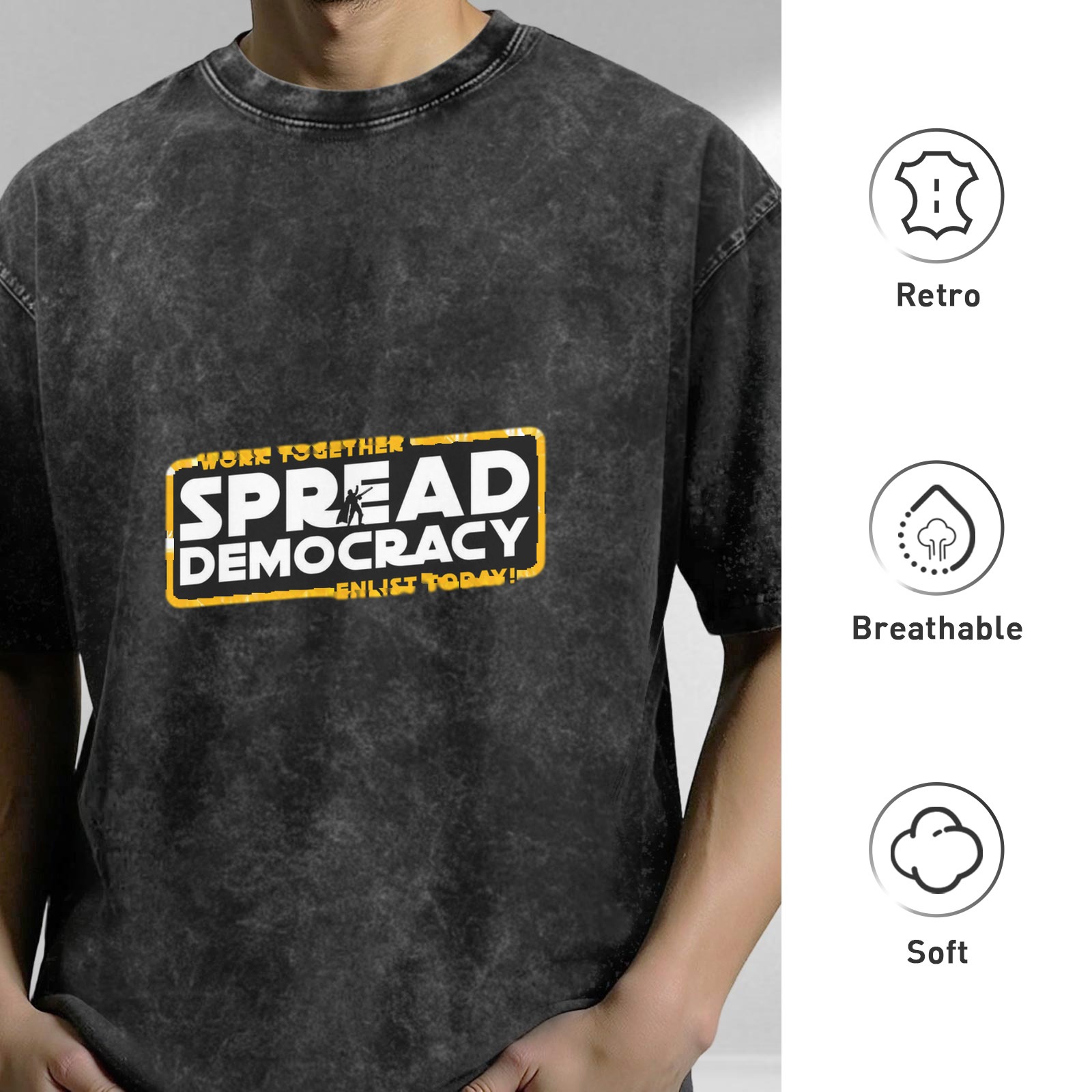 Oversized Acid Wash Graphic T-Shirt with 'Spread Democracy' Star Wars Parody Print