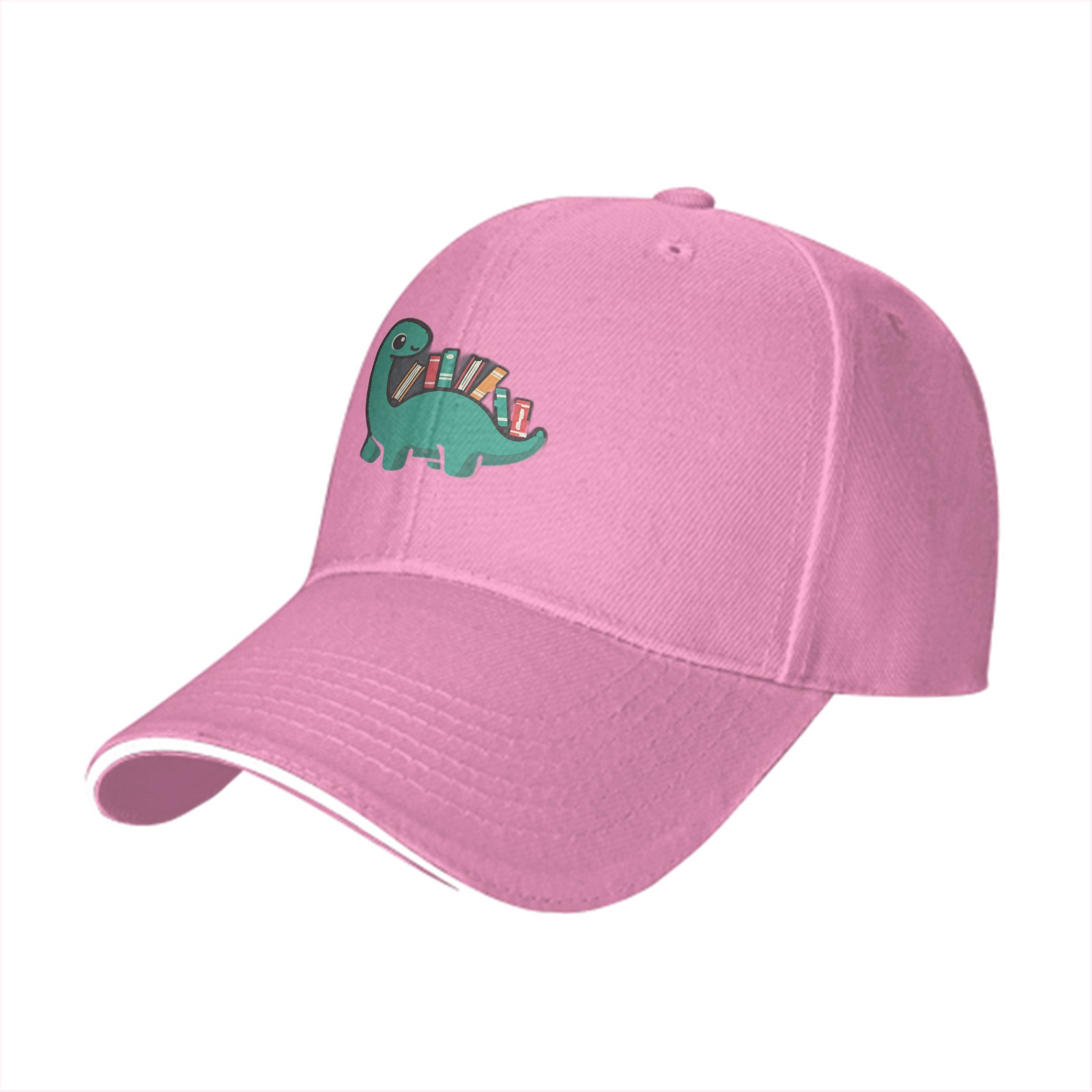 Black baseball cap with cute dinosaur carrying books graphic