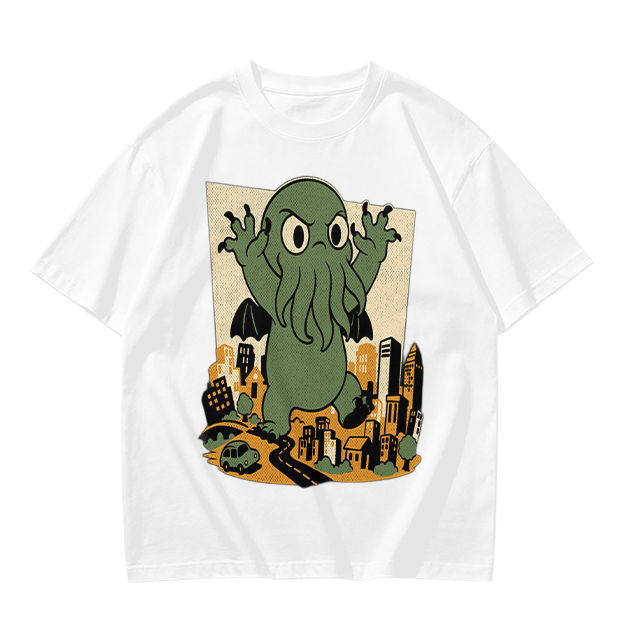 Olive T-shirt with cartoon Cthulhu monster destroying cityscape print