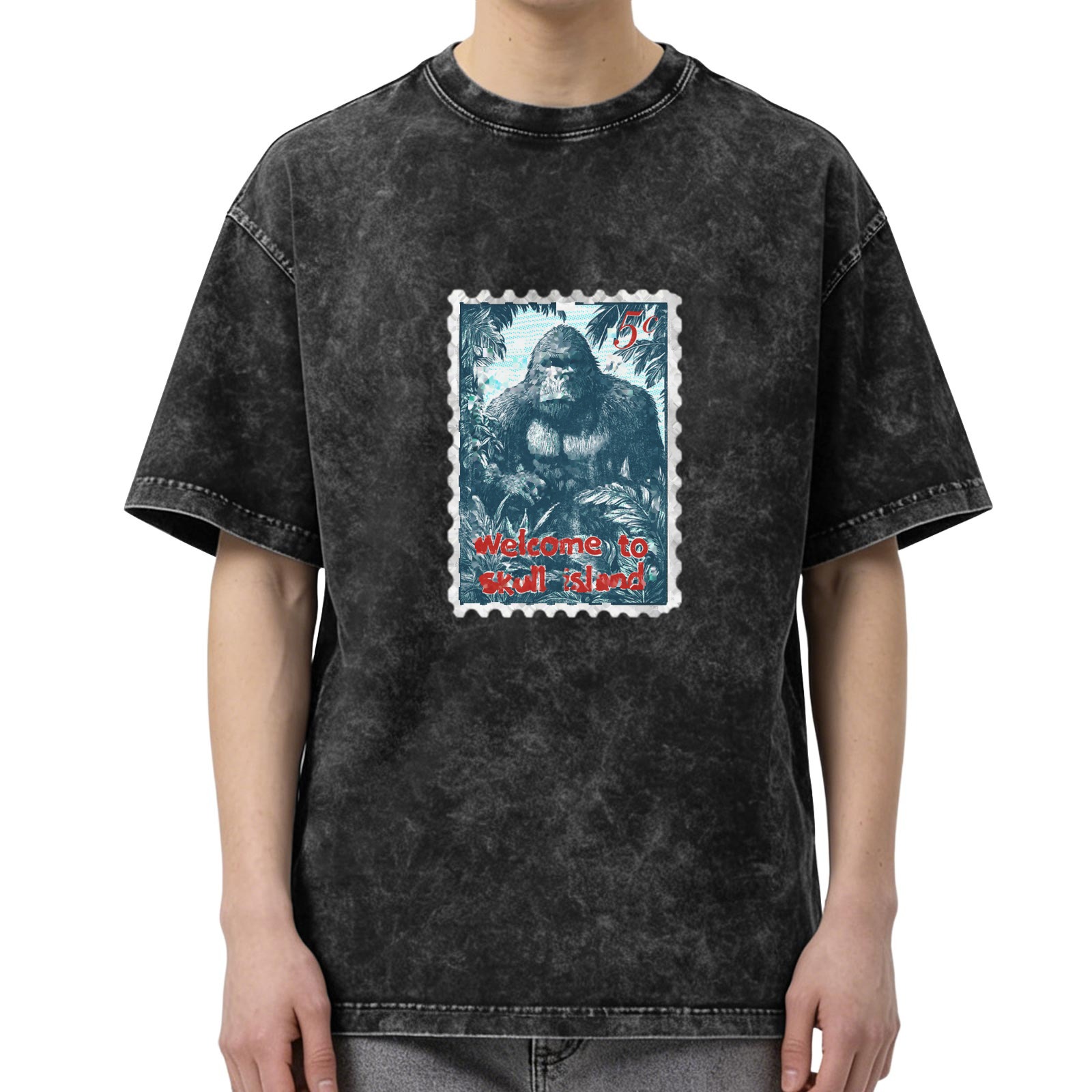 Welcome to Skull Island Gorilla Stamp Design Black Wash T-Shirt