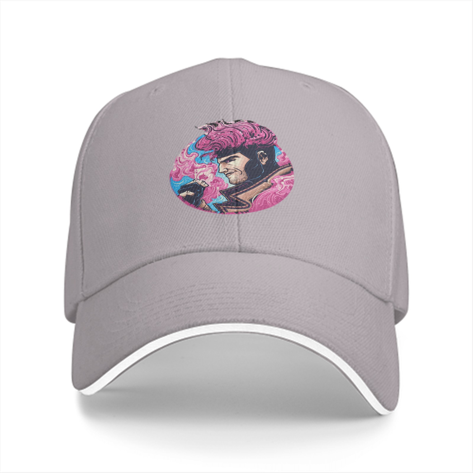 Black Baseball Cap With Pink Superhero Character Art Print