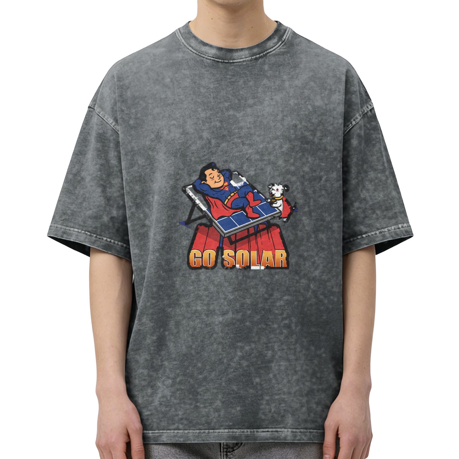 Oversized dark wash t-shirt with Superman and dog on solar panel graphic