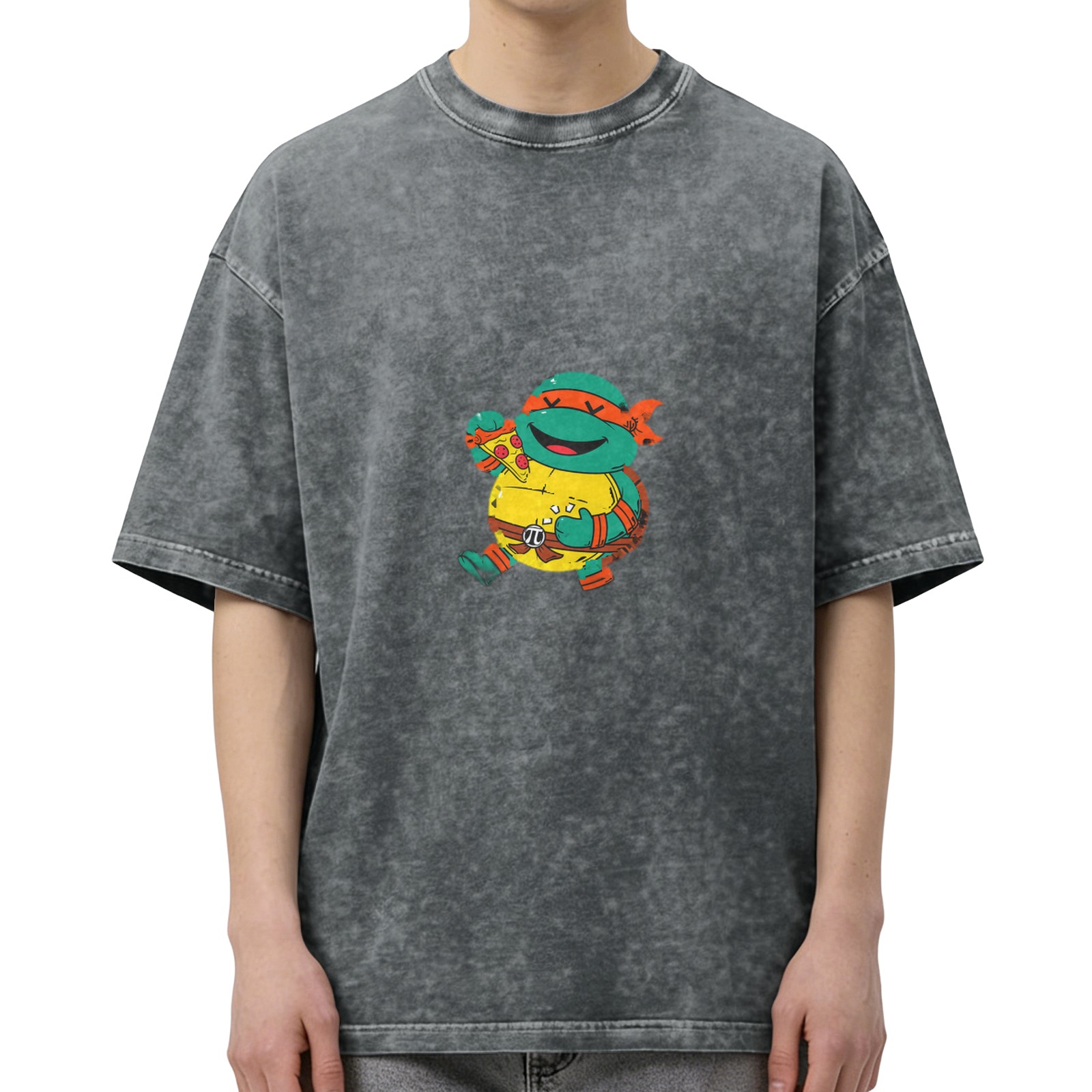 Washed Black Oversized T-Shirt with Cartoon Ninja Turtle Pizza Print