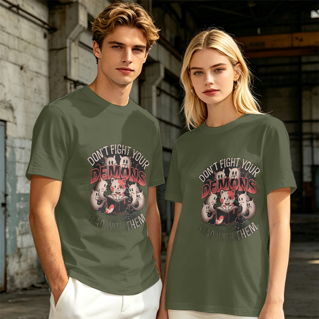 Don't Fight Your Demons Cat Graphic Olive T-Shirt