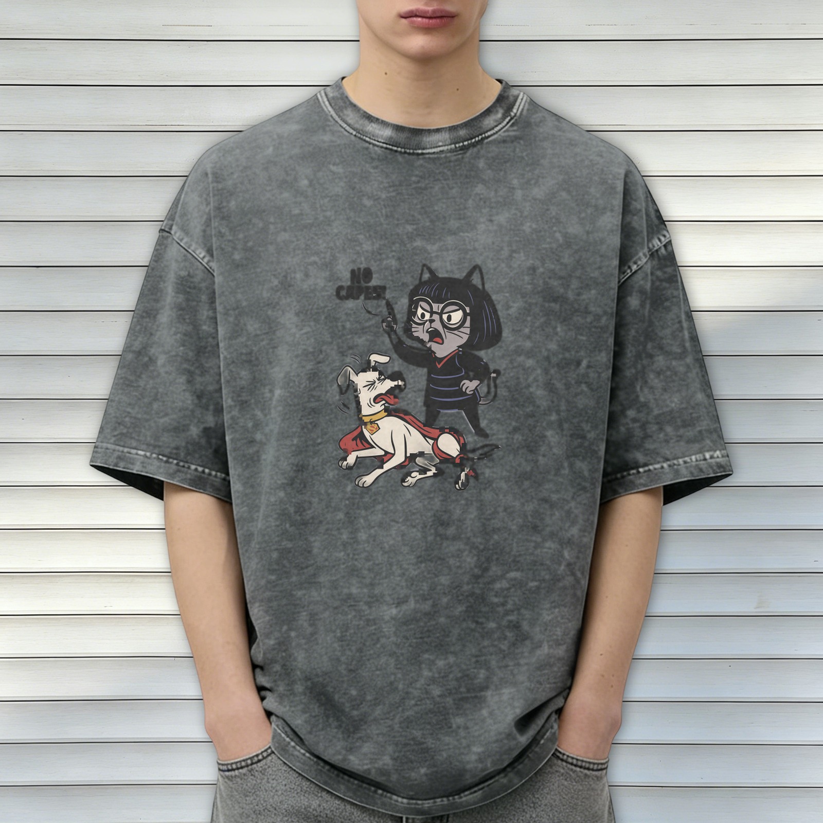 Washed Black T-Shirt With Cartoon Cat and Dog Graphic