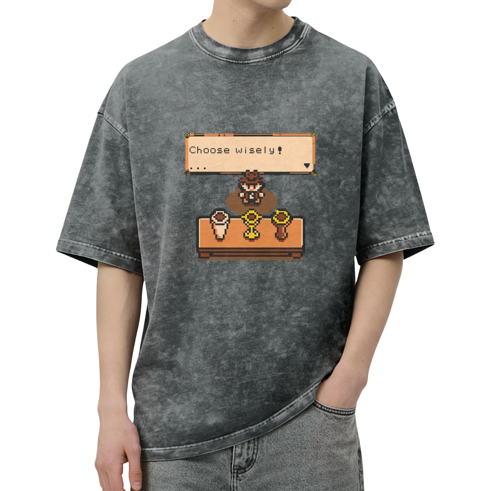Retro Pixel Art Choose Wisely Graphic Dark Wash T-Shirt