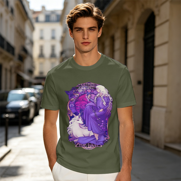 Olive T-shirt with Purple Lady and Unicorn Fantasy Art Print