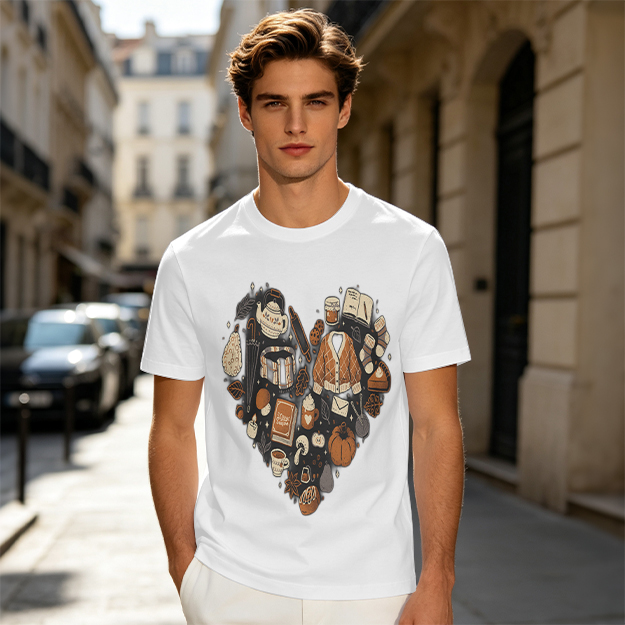 Olive Green T-Shirt With Fall Themed Heart Shaped Graphic