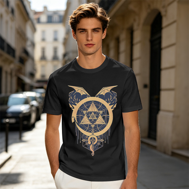 Olive T-Shirt with Occult Dragon Triangle Symbol Print
