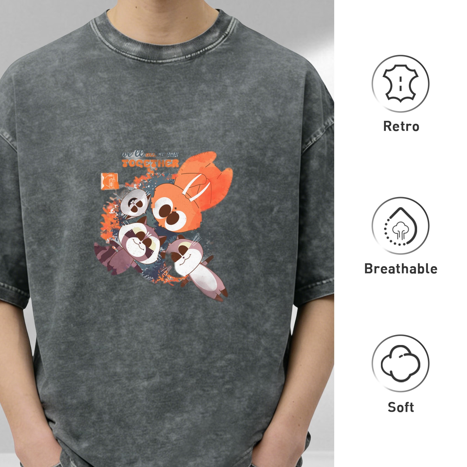 Washed Black Cartoon Animal Graphic Oversized T-shirt