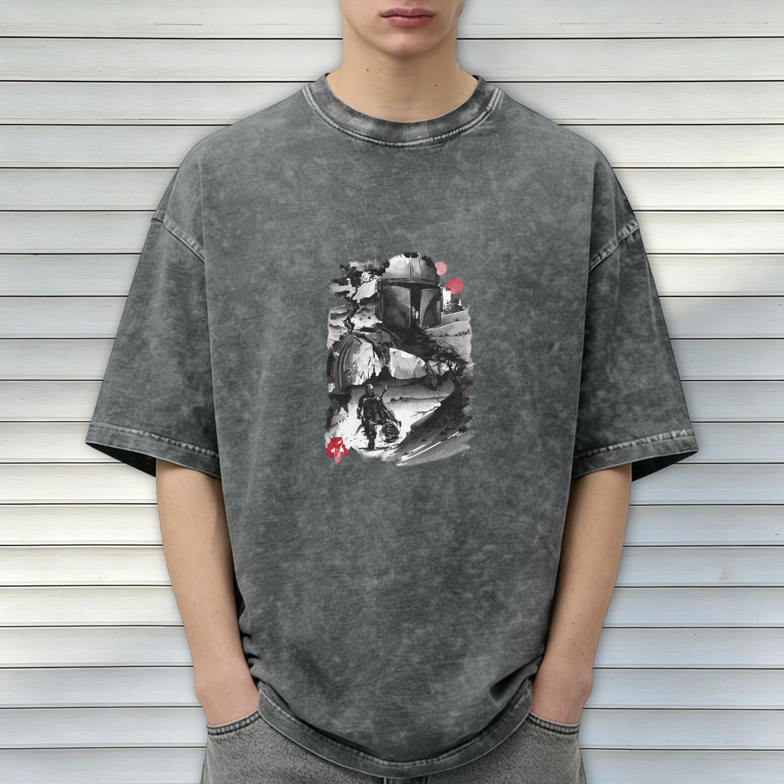 Washed Black Graphic T-Shirt with Sci-Fi Warrior Art Print
