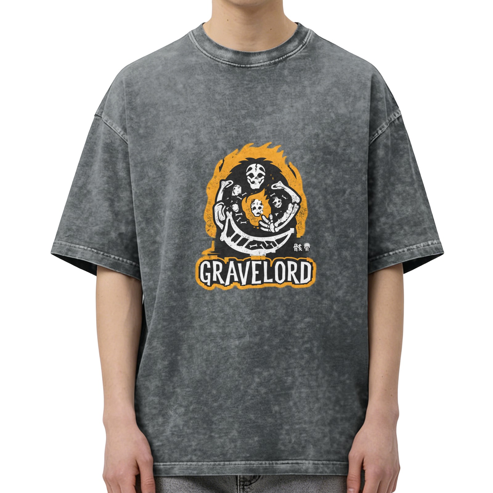 Washed Black Oversized T-Shirt With Gravelord Skeleton Graphic