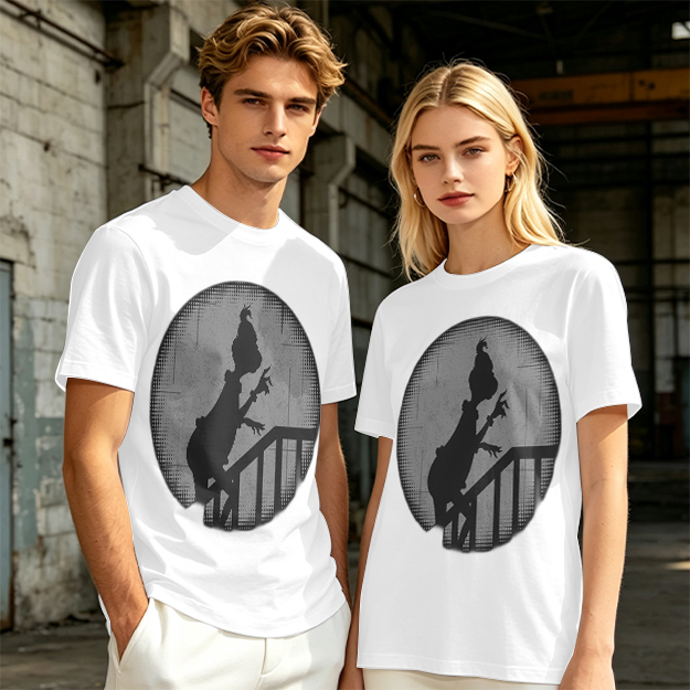 Olive Green T-Shirt With Grinch Silhouette On Staircase Print