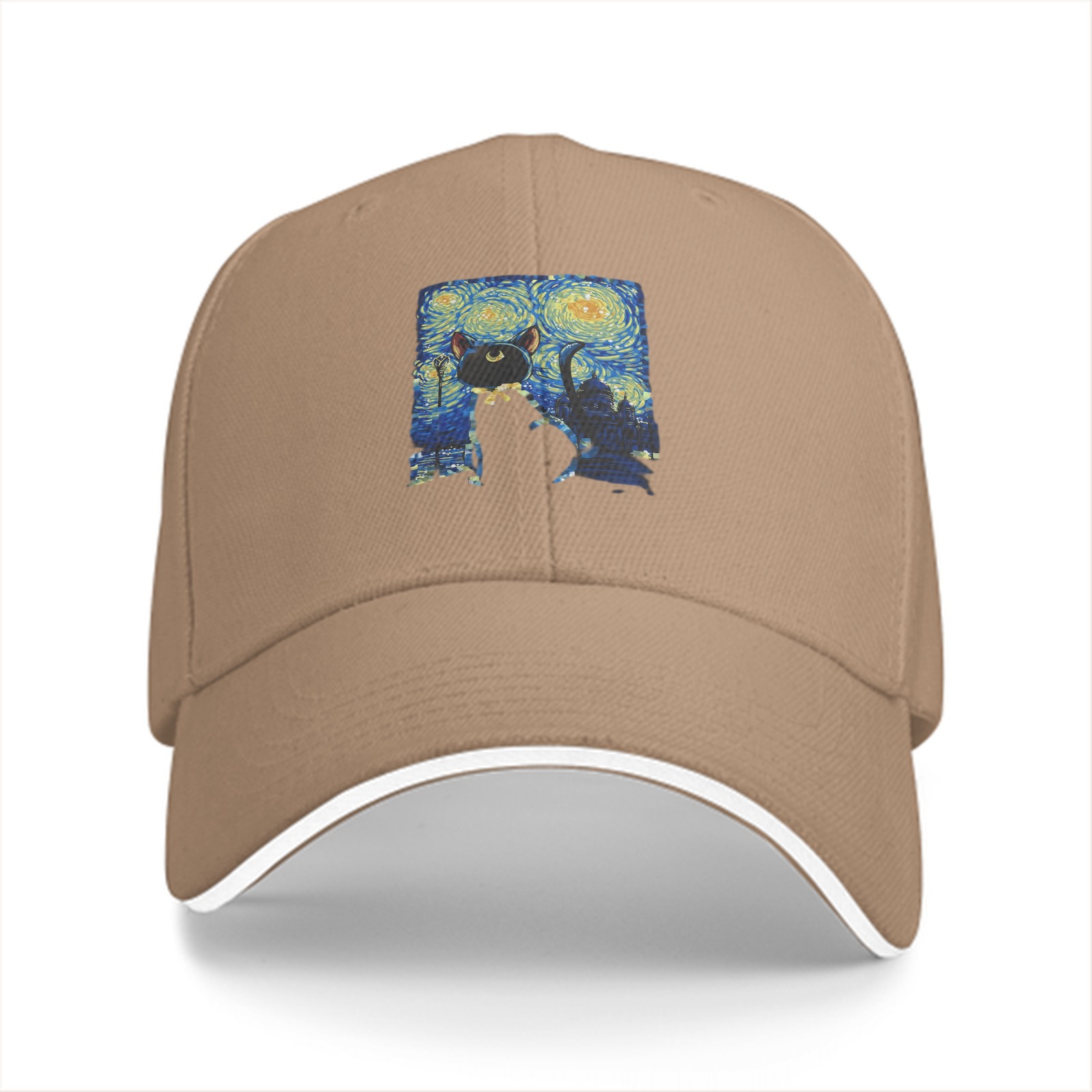 Black Baseball Cap With Starry Night Cat Art Print