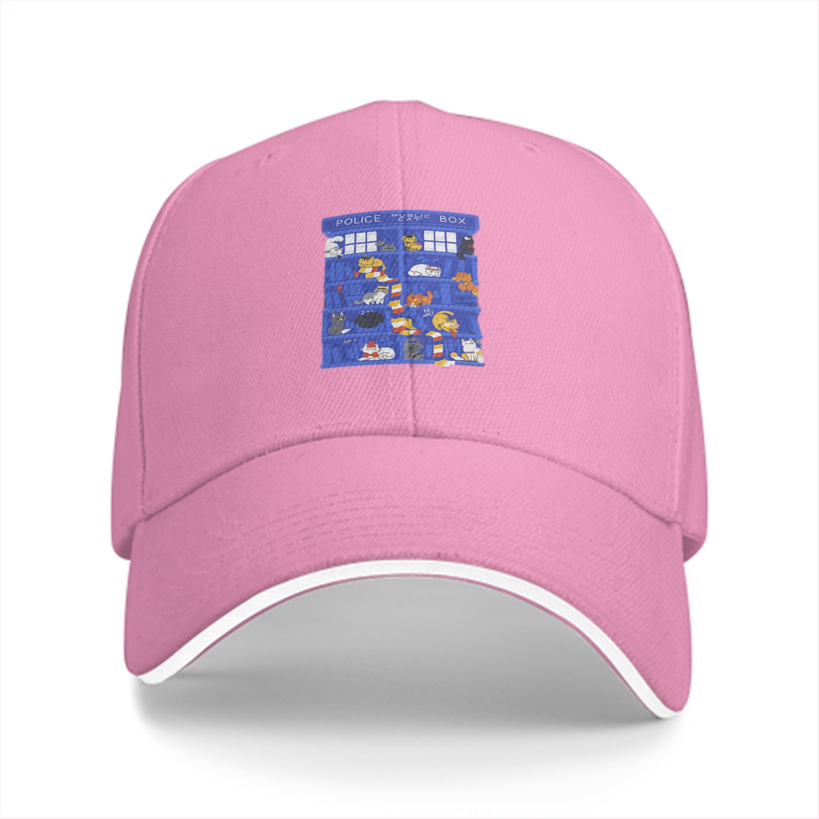Black Baseball Cap with TARDIS Police Box Cat Print